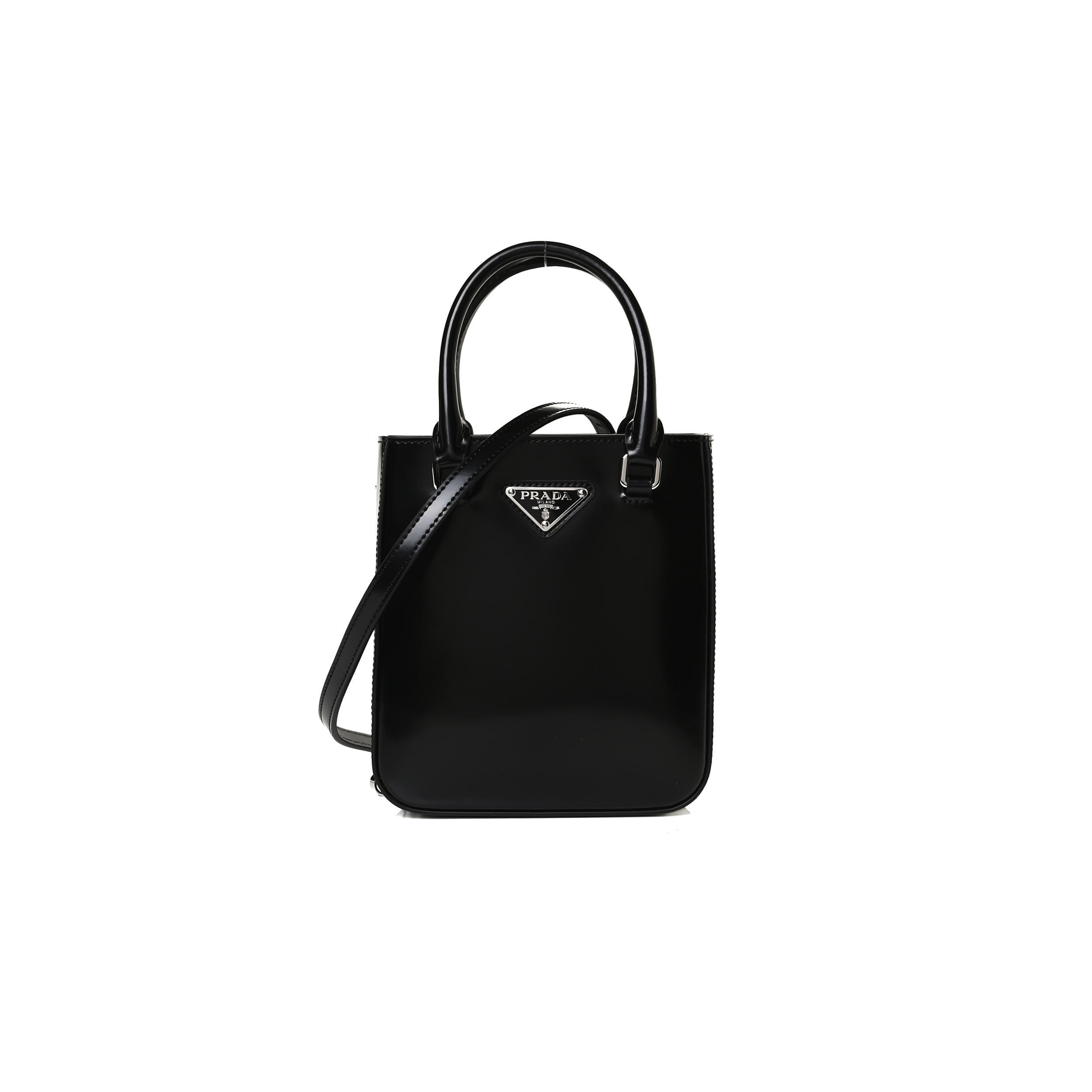 Pra*a spazzolato metal triangle logo small double handle crossbody tote black 1ba331 (17.5*15*5cm)